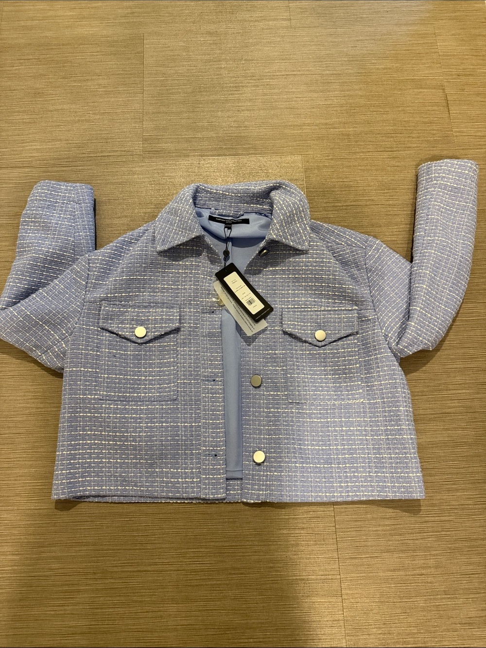 French Connection Light Blue Tweed Cropped Jacket - Blazer
